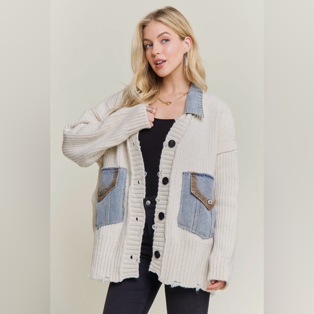 Adora Distressed Ribbed Knit Cardigan with Denim Pockets